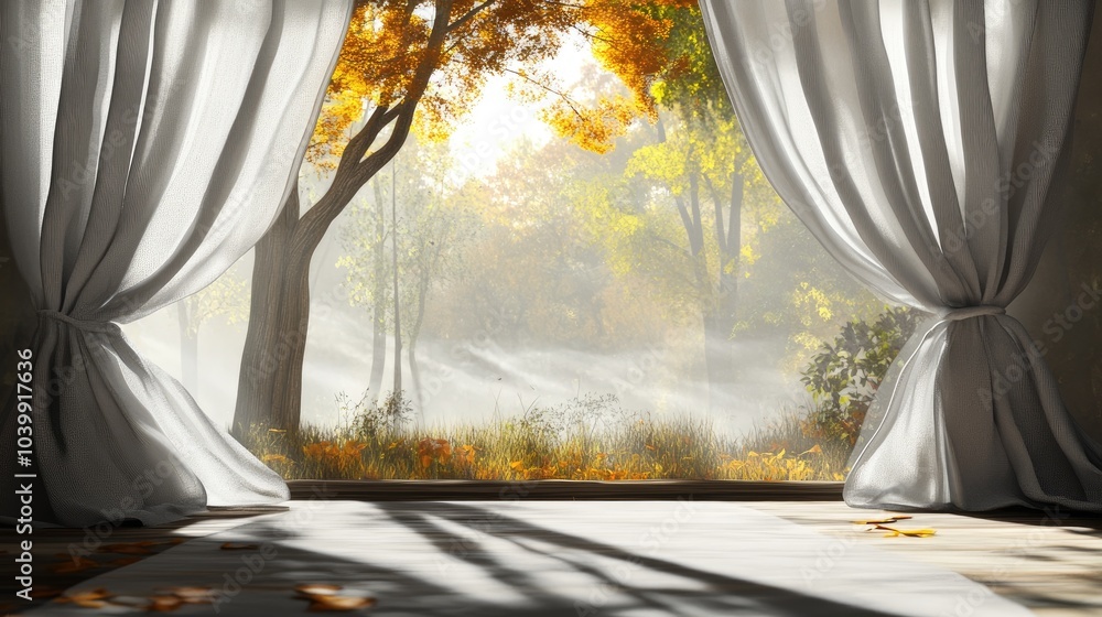 Serene Autumn View Through White Curtains Serene Autumn View Through White Curtains
