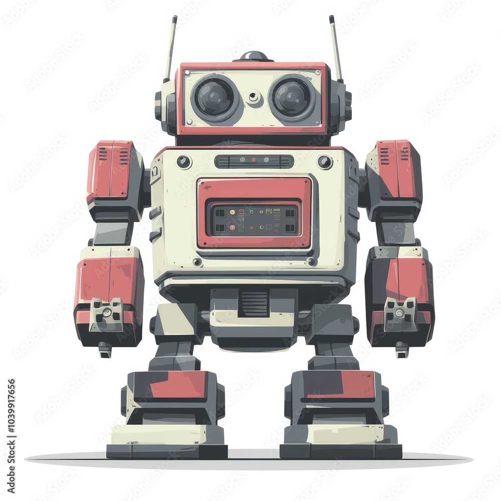 A retro-style robot with red and white coloring and antennas on its head. A retro-style robot with red and white coloring and antennas on its head.