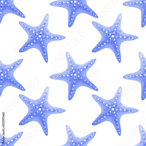 Watercolor vector background  with purple starfish. Seamless pattern