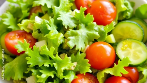 Closeup of a fresh salad with tomatoes, cucumber, and lettuce.