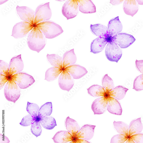 Watercolor floral background with plumeria flowers. Cute vector seamless pattern