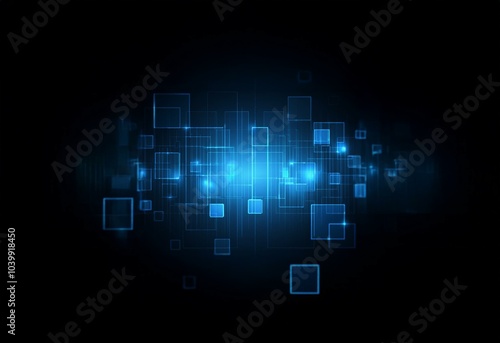 Abstract digital background with glowing blue squares and lines.