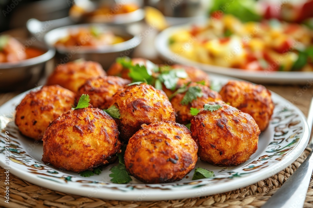 indian food photography, golden bhajis, on a plate with indian patterns, in a kitchen setting, best for event invites indian food photography, golden bhajis, on a plate with indian patterns, in a kitchen setting, best for event invites