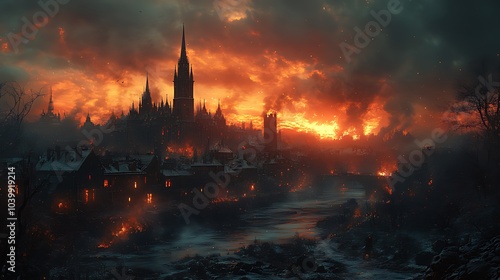 A silhouetted city with a tall church steeple on a hill with a river running through it. The city is ablaze with a fiery, blood-red sunset, 