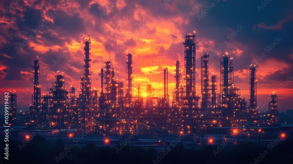dramatic industrial view of an oil refinery at sunrise with towering structures silhouetted against a cloudy sky capturing the energy and complexity of the industry dramatic industrial view of an oil refinery at sunrise with towering structures silhouetted against a cloudy sky capturing the energy and complexity of the industry