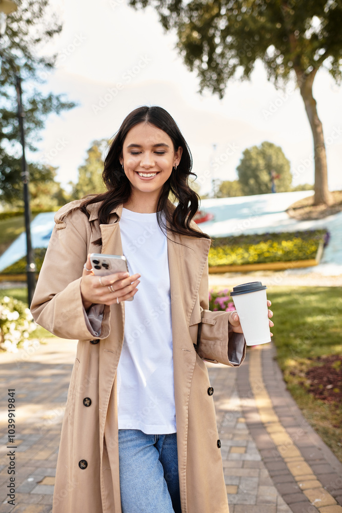 Fototapeta premium A beautiful young woman walks through a colorful autumn park, smiling while enjoying her coffee.