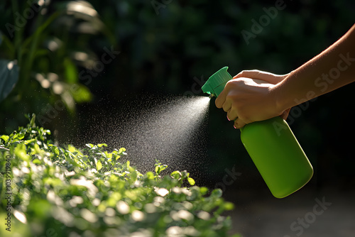 Woman hand spraying insecticide over plants in a garden photo