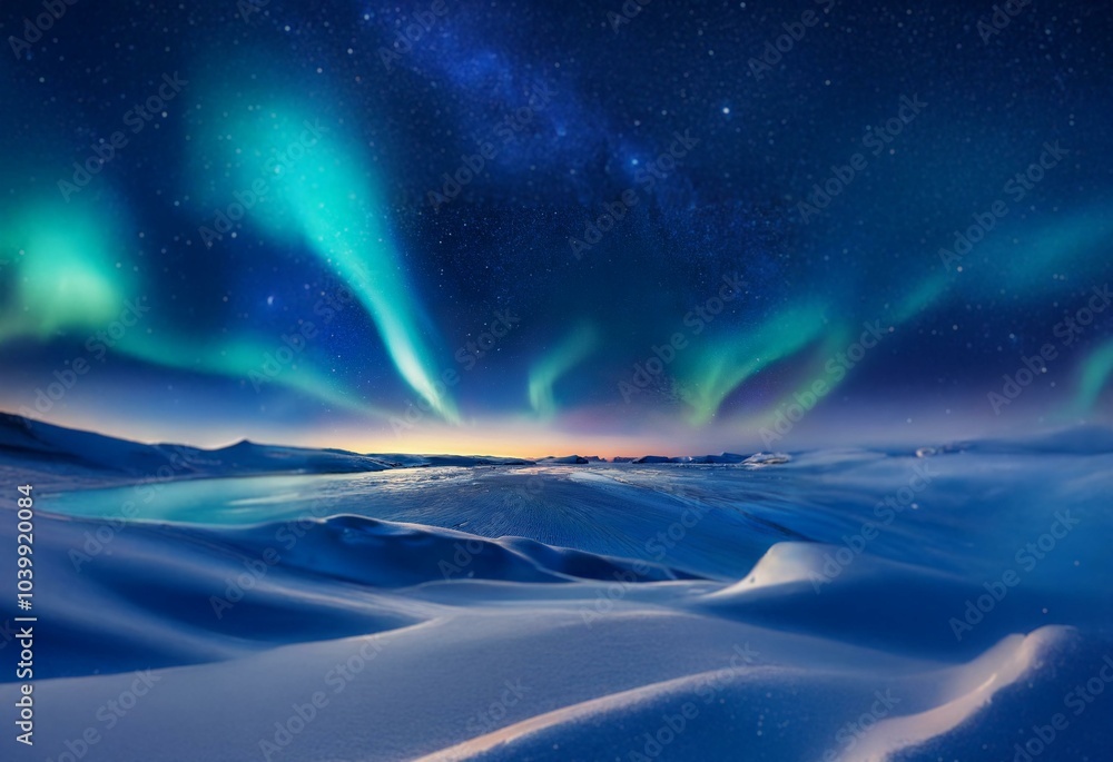 A starry night sky filled with the vibrant hues of the aurora borealis reflected over a frozen arctic landscape. A starry night sky filled with the vibrant hues of the aurora borealis reflected over a frozen arctic landscape.