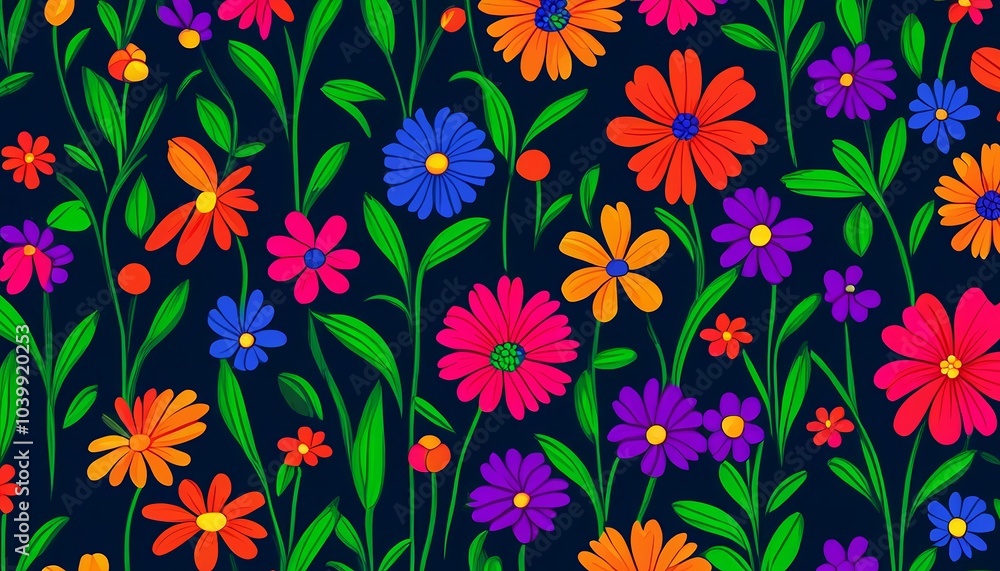 Illustration of cartoon flower and leaf wallpaper, with bright colors and an abstract style Illustration of cartoon flower and leaf wallpaper, with bright colors and an abstract style