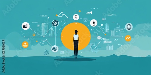 A woman stands before a large, yellow circle with abstract icons and symbols surrounding her, symbolizing her connection to a complex and interconnected world.