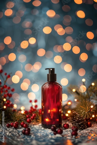 Elegant Perfume Bottle with Festive Holiday Lights and Golden Sparkles for Seasonal Celebrations