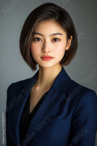 Asian young woman with short bob hair, wearing an elegant navy blue suit jacket and a black shirt underneath. She has soft features, delicate facial contours, and bright eyes