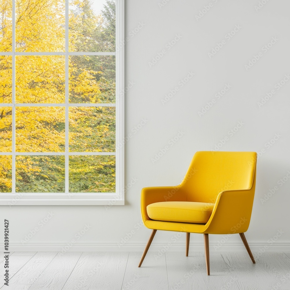 A bright yellow chair in a minimalist room, positioned near a large window showcasing vibrant autumn trees outside. A bright yellow chair in a minimalist room, positioned near a large window showcasing vibrant autumn trees outside.