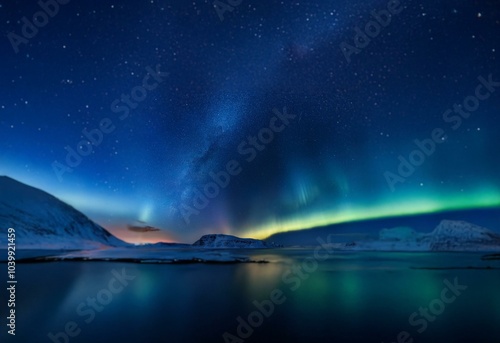 A night sky filled with stars and the aurora borealis, reflected in a still body of water.