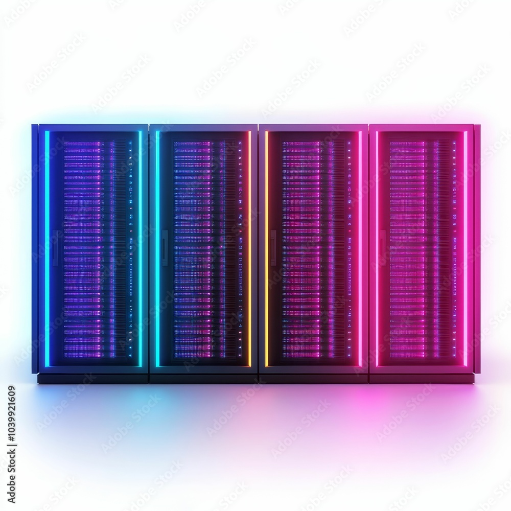 A glowing, modern server rack illuminated in vibrant colors, showcasing a high-tech, futuristic design with multiple compartments. A glowing, modern server rack illuminated in vibrant colors, showcasing a high-tech, futuristic design with multiple compartments.