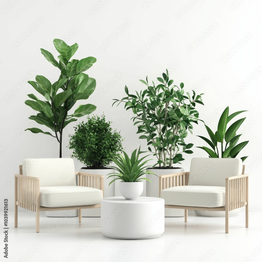 Fototapeta premium A modern living space featuring two stylish chairs, a round table, and lush greenery, creating a fresh and inviting atmosphere.