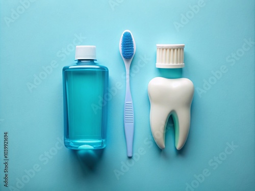 Dental Hygiene Essentials: Tooth Model, Mouthwash, and Toothbrush on Pastel Blue Background for Oral Care Promotion