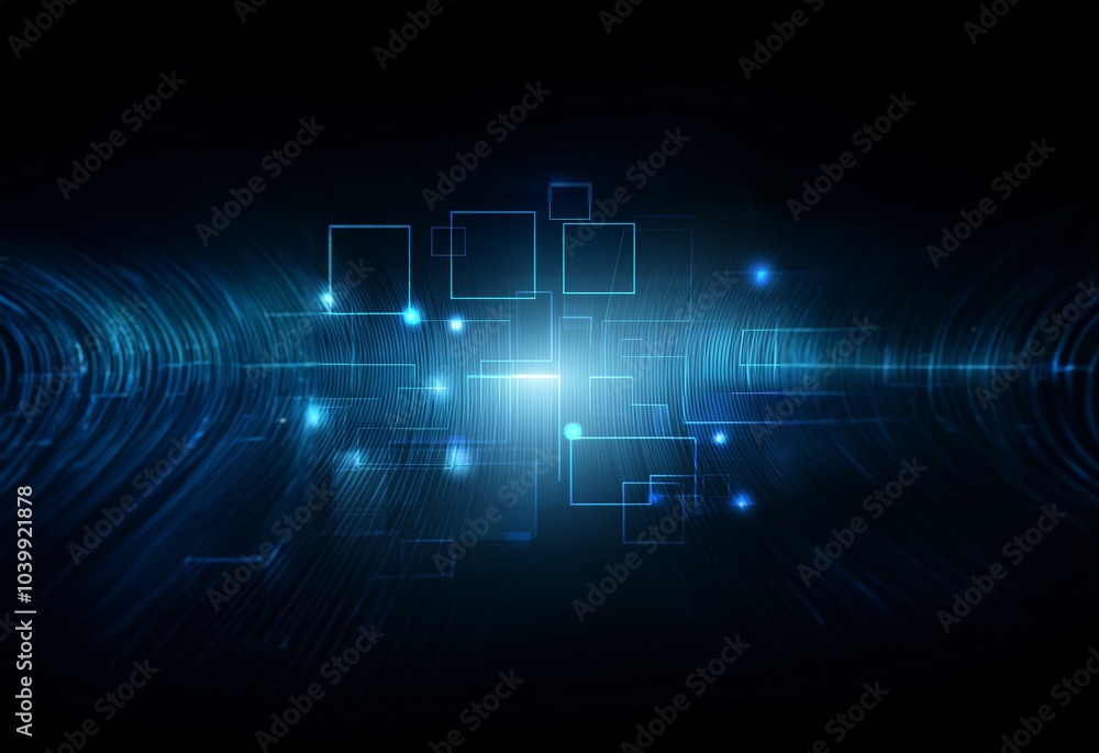 Abstract blue lines and glowing squares against a dark background. Abstract blue lines and glowing squares against a dark background.