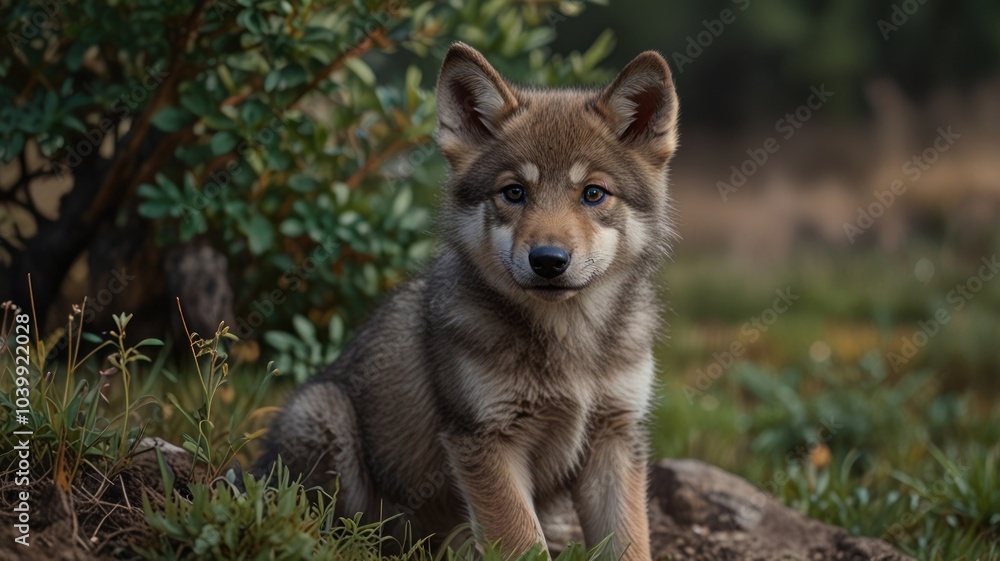 A cute wolf pup with blue eyes sits in the grass and looks at the camera.