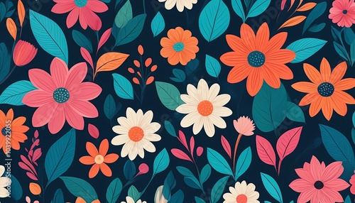 Illustration of cartoon flower and leaf wallpaper, with bright colors and an abstract style