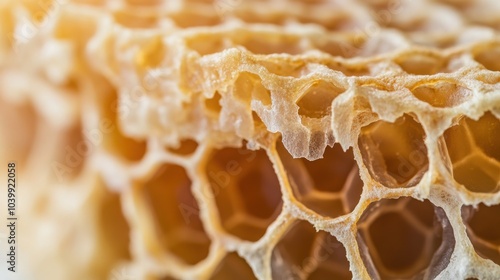 an empty honeycomb, showcasing the natural hexagonal pattern and the intricate structure of the beeswax.