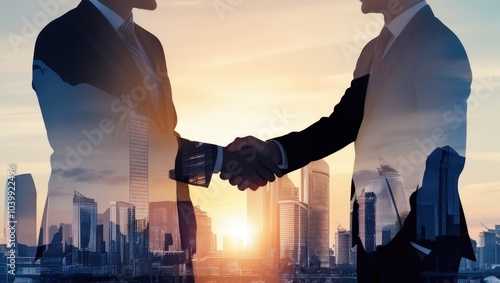 Two unrecognizable businessmen shaking hands in modern city. Concept of partnership and agreement. Toned image double exposure photo