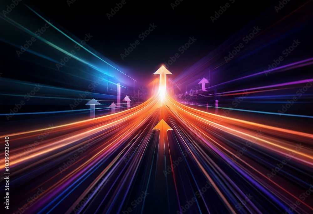 Abstract image of a glowing road with an arrow in the middle surrounded by many multicolored lights. Abstract image of a glowing road with an arrow in the middle surrounded by many multicolored lights.