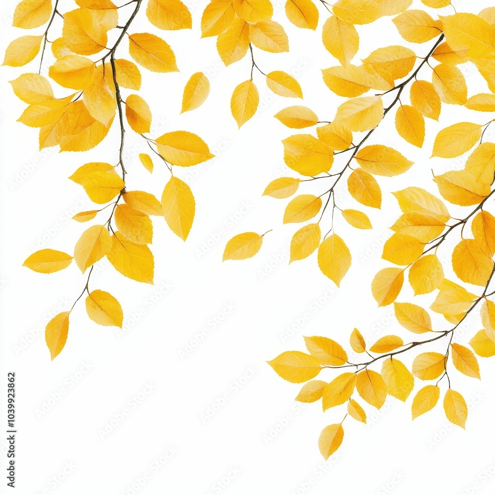Obraz premium Bright yellow leaves against a white background, creating a fresh, autumnal aesthetic.