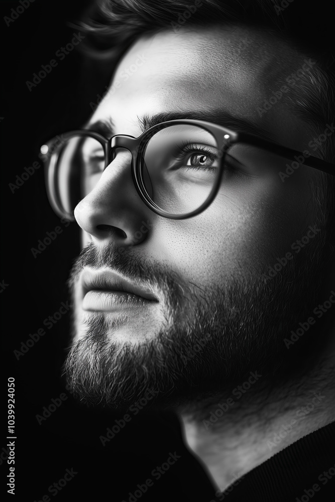 Portrait of an attractive man wearing glasses, captured in black and white photography with studio lighting. The high-resolution image has a soft, grainy film look Portrait of an attractive man wearing glasses, captured in black and white photography with studio lighting. The high-resolution image has a soft, grainy film look