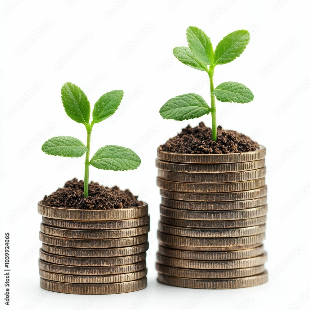 A photo of two stacks of coins topped with soil and green plants, symbolizing growth, investment, and financial sustainability. A photo of two stacks of coins topped with soil and green plants, symbolizing growth, investment, and financial sustainability.