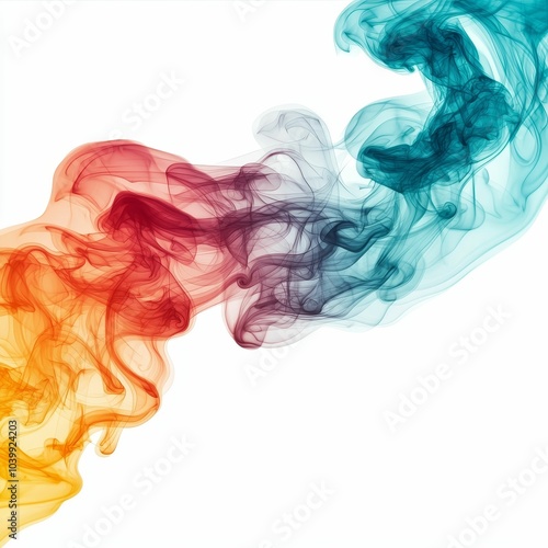 Description:** Colorful wisps of smoke swirl gracefully in a dynamic flow, blending shades of red, orange, purple, and teal against a white background.