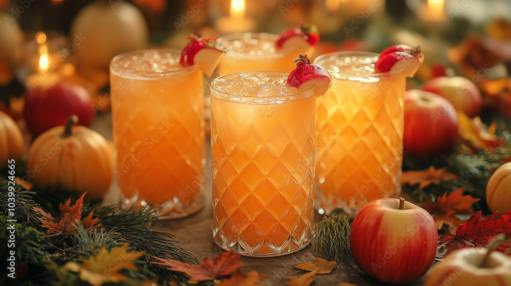 glasses with sparkling apple cider, garnished with fresh apple slices and a cinnamon glasses with sparkling apple cider, garnished with fresh apple slices and a cinnamon