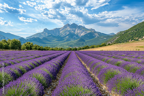 Lavender fields in full bloom under a bright blue sky in summer