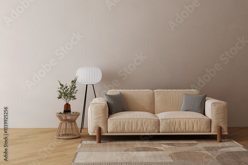 Living room interior wall mockup in warm tones with beige sofa, pillows, plaid, plant, table and boho style decoration on empty wall background. photo