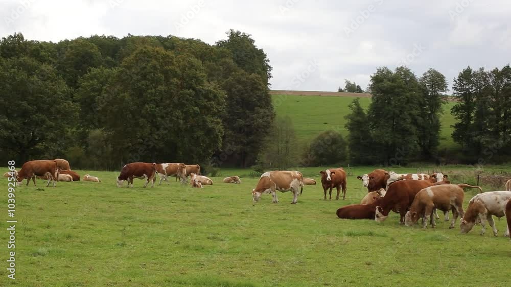Cows graze in a pasture near a farm.
Cows graze in a pasture near a farm.