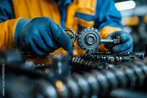 A worker assembles machinery components in a workshop setting photo