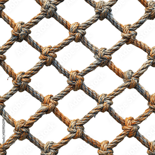 Detailed close-up of a woven rope net showing intricate knots and textures, ideal for patterns or nautical themes.