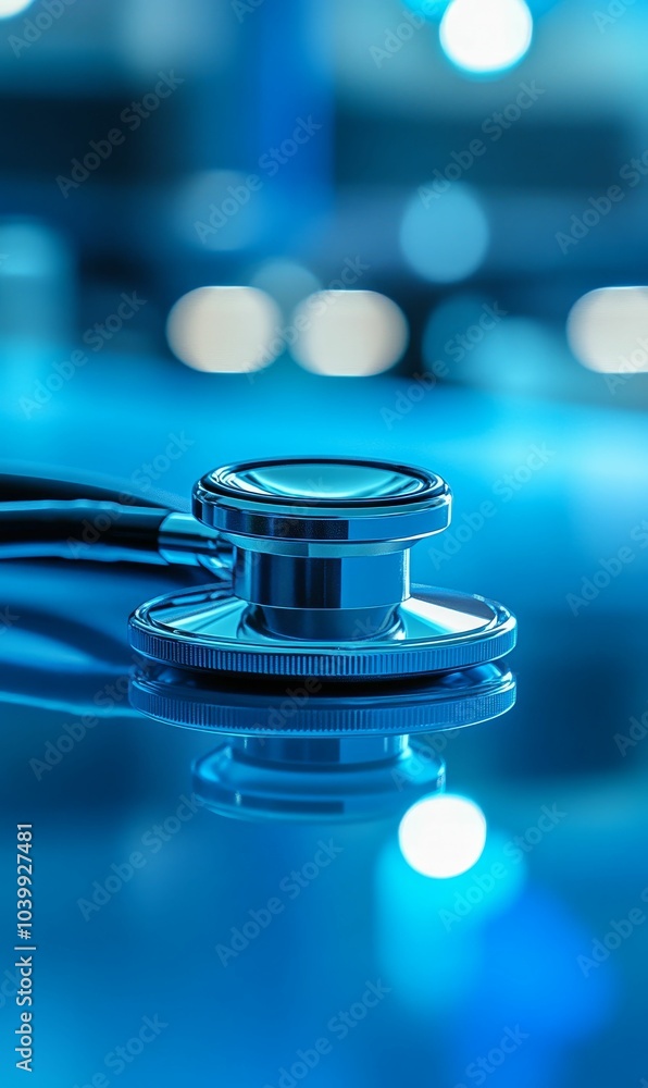 Stethoscope on blue background with reflection. Stethoscope on blue background with reflection.
