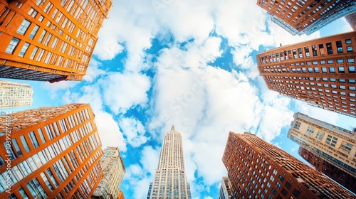 Looking up at towering skyscrapers against a vibrant blue sky with fluffy clouds.