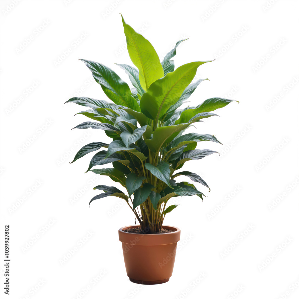 Fototapeta premium Lush green peace lily plant standing tall in terracotta pot