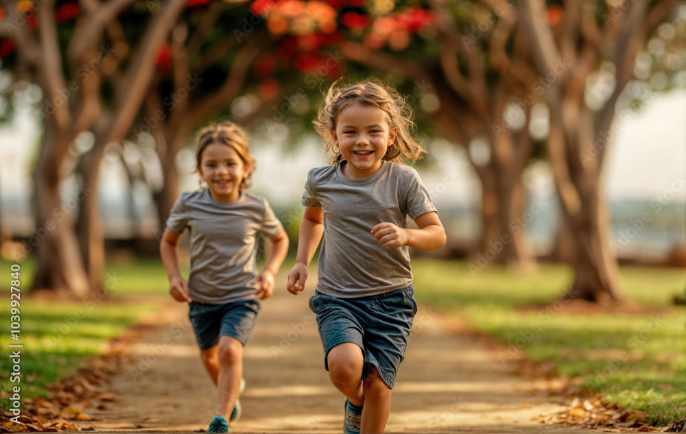 Two young girls, wearing matching gray shirts and shorts, run together down a pathway lined with trees and flowers. Two young girls, wearing matching gray shirts and shorts, run together down a pathway lined with trees and flowers.