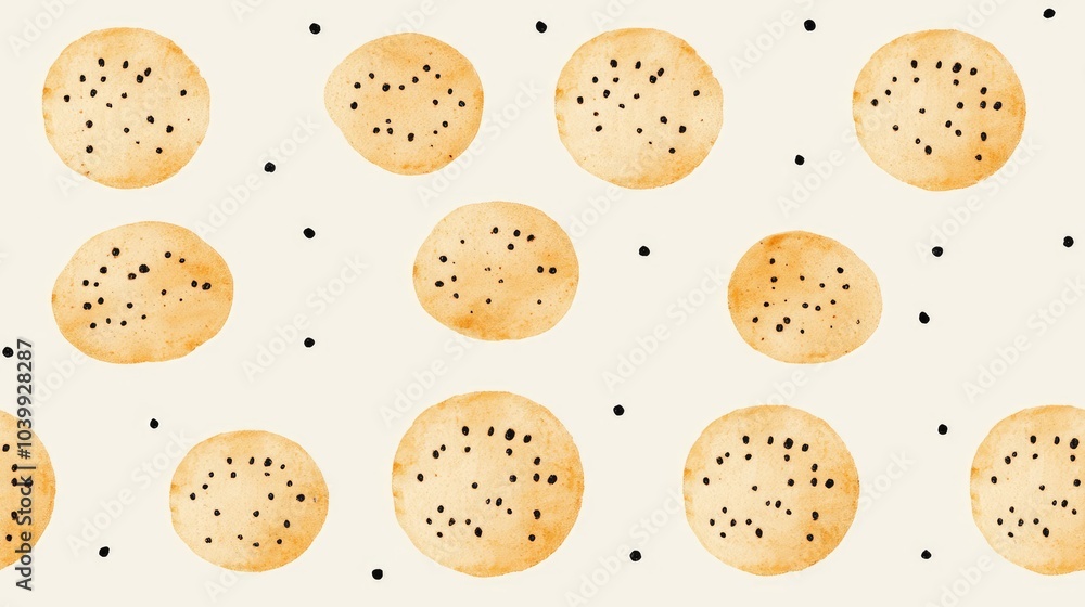 A seamless pattern of round crackers with black seeds on a beige background. A seamless pattern of round crackers with black seeds on a beige background.