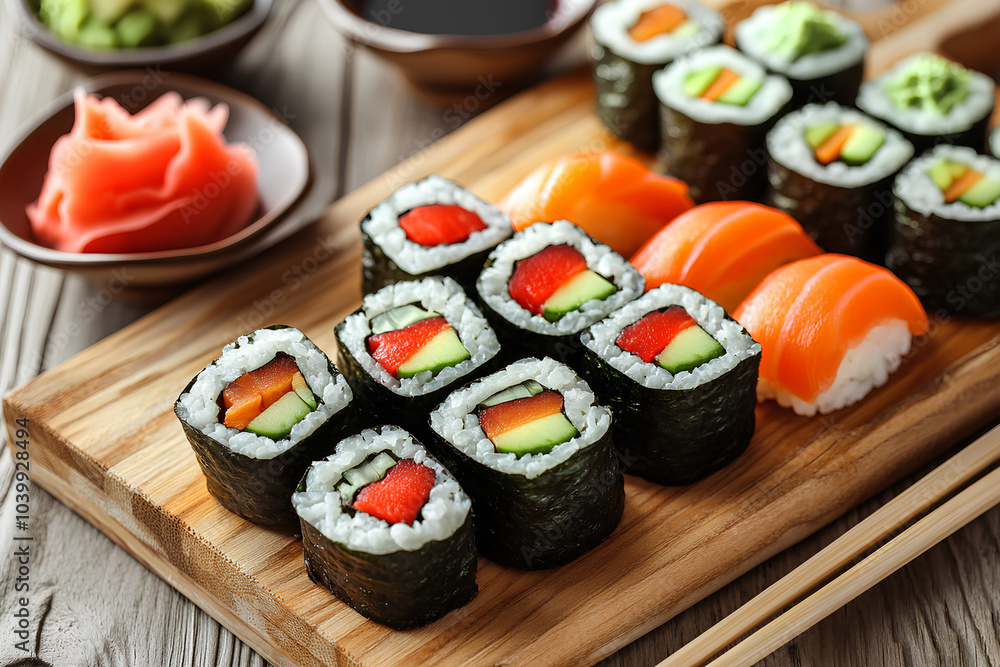 Sushi rolls with salmon and cucumber on the wooden board Sushi rolls with salmon and cucumber on the wooden board