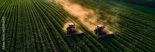 Two red tractors plowing and cultivating rows of green agricultural fields in a scenic rural landscape. Aerial overhead view of modern farming equipment working in open countryside.