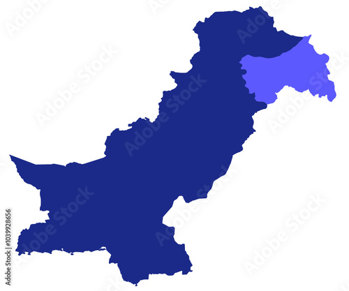 Pakistan map. Pakistan light colour area claimed but not controlled kashmir. A disputed area between India and Pakistan