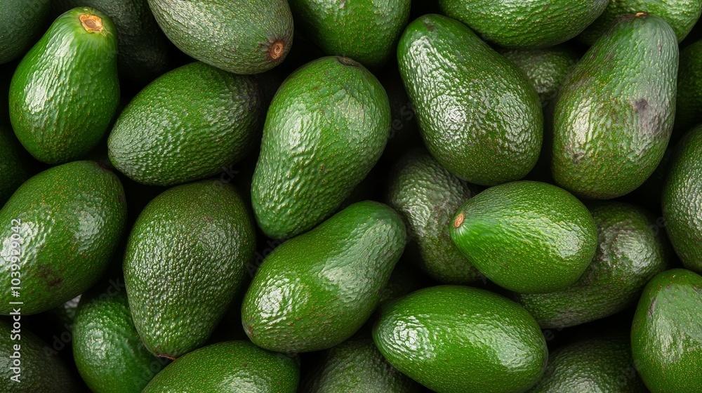 A close-up view of various avocados stacked together, showcasing their rich green color and texture. A close-up view of various avocados stacked together, showcasing their rich green color and texture.