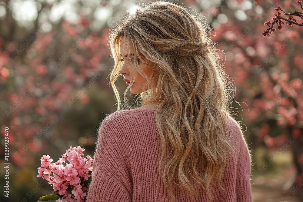 A beautiful young woman holding a blossoming sakura branch from behind A beautiful young woman holding a blossoming sakura branch from behind