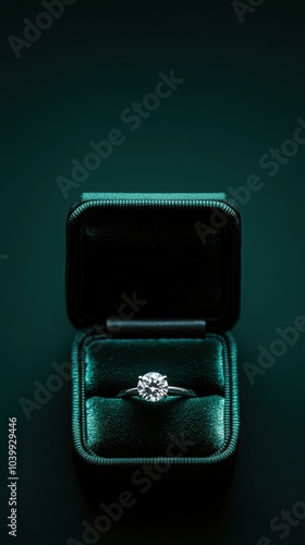 Single diamond ring in a velvet box, set against a solid dark green background