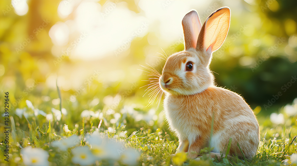 a rabbit is sitting on the lawn, it's a nice day, sunny weather, Easter bunny, Easter card a rabbit is sitting on the lawn, it's a nice day, sunny weather, Easter bunny, Easter card