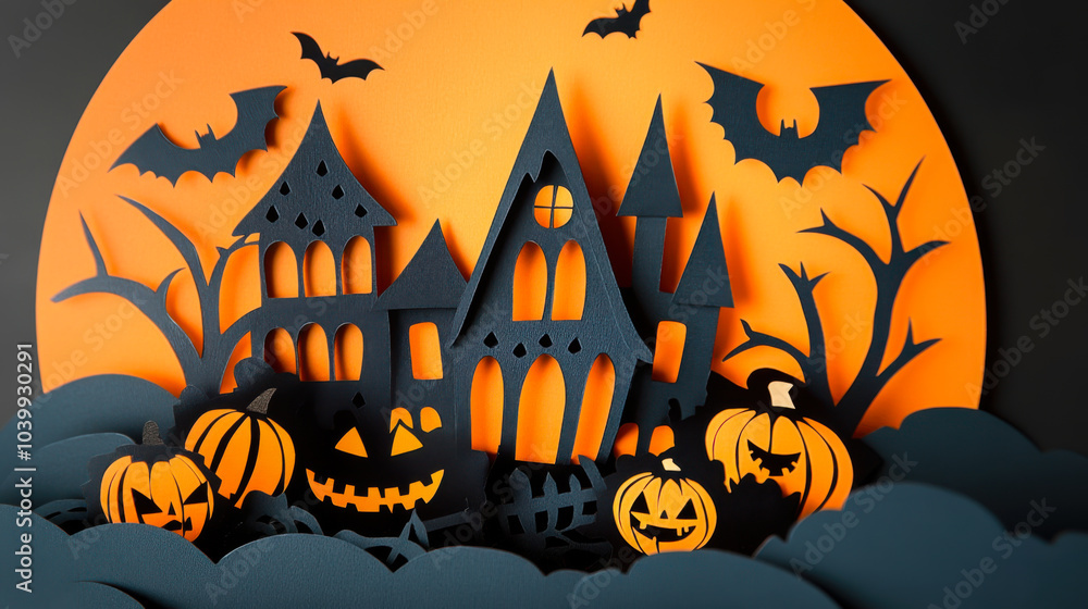 Stylish Halloween scene featuring a spooky house, orange moon, bats, and vibrant autumn foliage in a playful paper art design. Stylish Halloween scene featuring a spooky house, orange moon, bats, and vibrant autumn foliage in a playful paper art design.